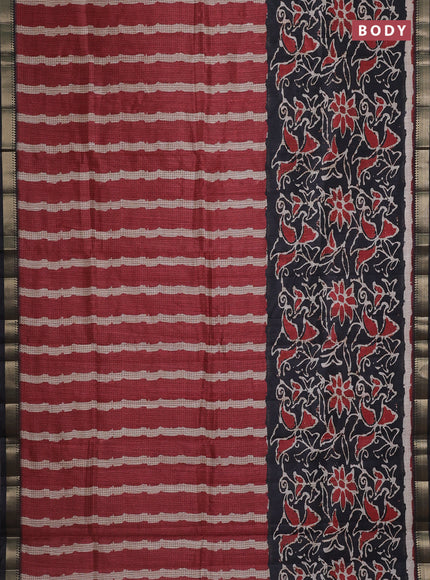 Semi tussar saree maroon and black with stripes pattern and zari woven border