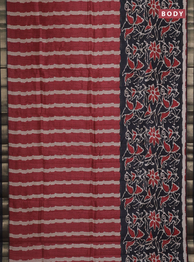 Semi tussar saree maroon and black with stripes pattern and zari woven border