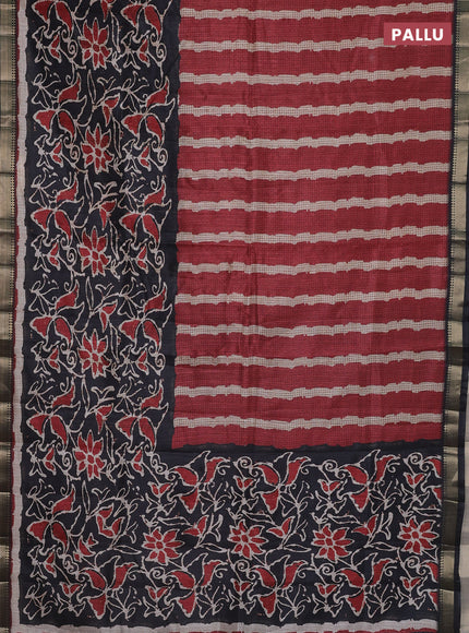 Semi tussar saree maroon and black with stripes pattern and zari woven border