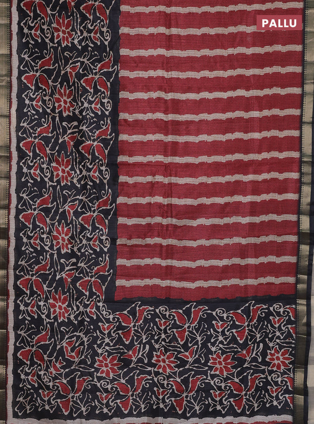 Semi tussar saree maroon and black with stripes pattern and zari woven border