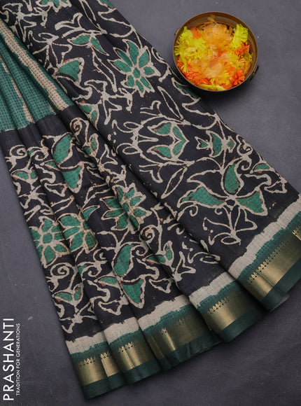 Semi tussar saree sap green and elephant grey with stripes pattern and zari woven border