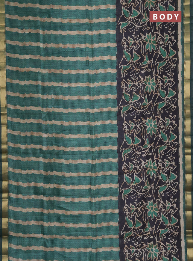 Semi tussar saree sap green and elephant grey with stripes pattern and zari woven border