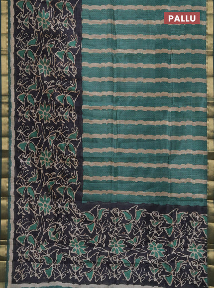 Semi tussar saree sap green and elephant grey with stripes pattern and zari woven border