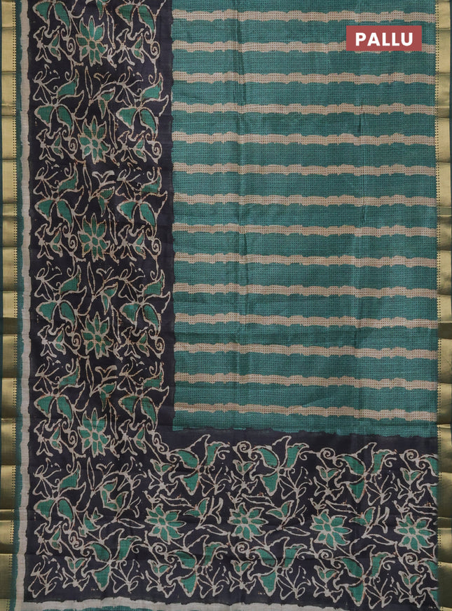 Semi tussar saree sap green and elephant grey with stripes pattern and zari woven border