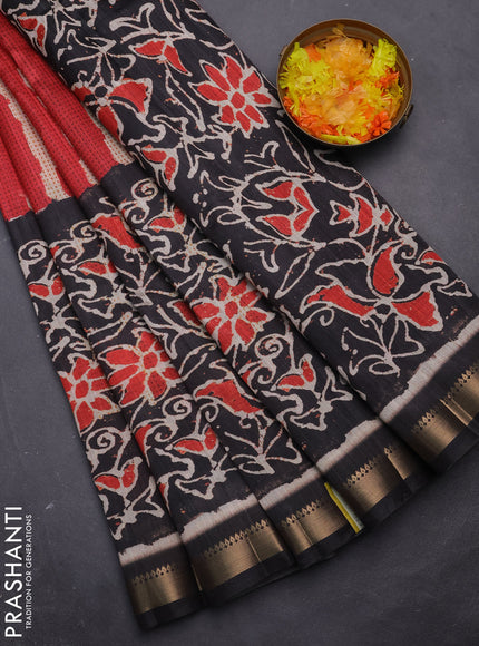 Semi tussar saree red and elephant grey with stripes pattern and zari woven border