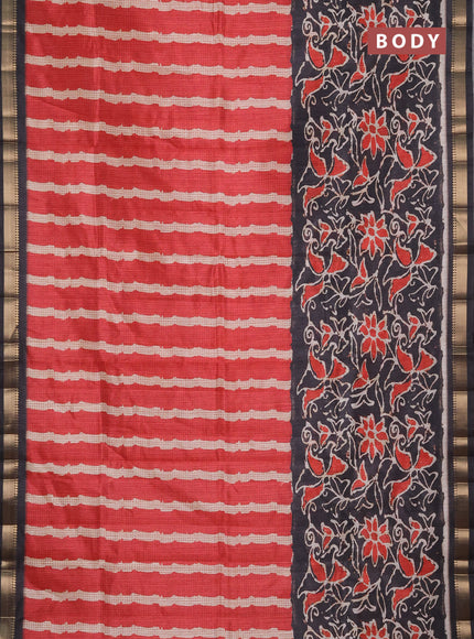 Semi tussar saree red and elephant grey with stripes pattern and zari woven border