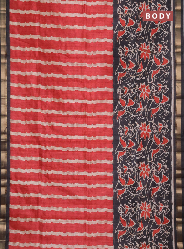 Semi tussar saree red and elephant grey with stripes pattern and zari woven border