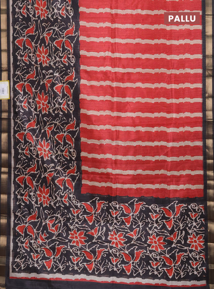 Semi tussar saree red and elephant grey with stripes pattern and zari woven border