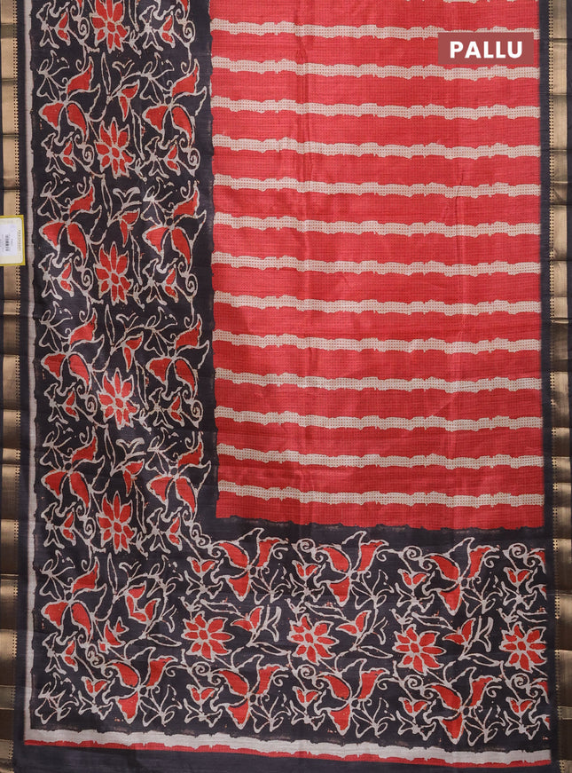 Semi tussar saree red and elephant grey with stripes pattern and zari woven border