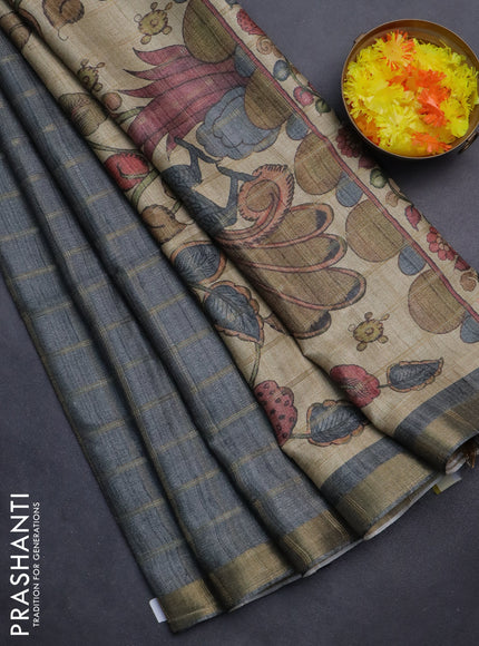 Semi tussar saree grey and beige with allover zari checked pattern and kalamkari printed pallu