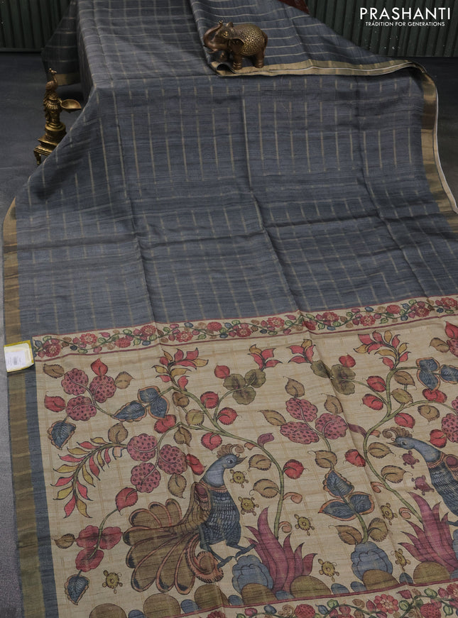 Semi tussar saree grey and beige with allover zari checked pattern and kalamkari printed pallu