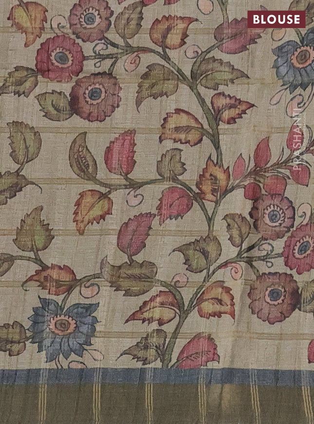 Semi tussar saree grey and beige with allover zari checked pattern and kalamkari printed pallu