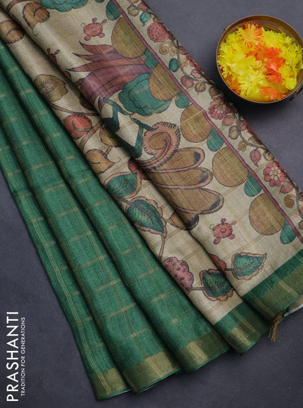 Semi tussar saree green and beige with allover zari checked pattern and kalamkari printed pallu