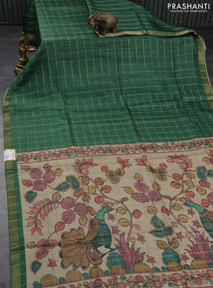 Semi tussar saree green and beige with allover zari checked pattern and kalamkari printed pallu