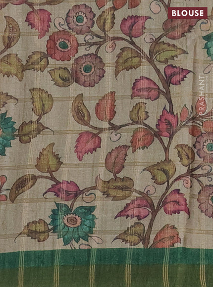 Semi tussar saree green and beige with allover zari checked pattern and kalamkari printed pallu