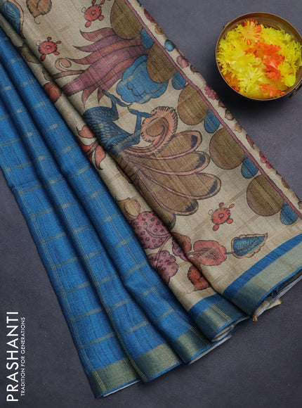 Semi tussar saree blue and beige with allover zari checked pattern and kalamkari printed pallu