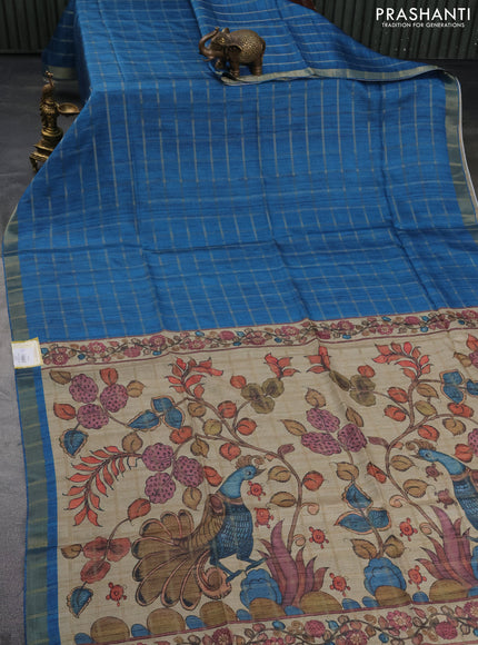 Semi tussar saree blue and beige with allover zari checked pattern and kalamkari printed pallu