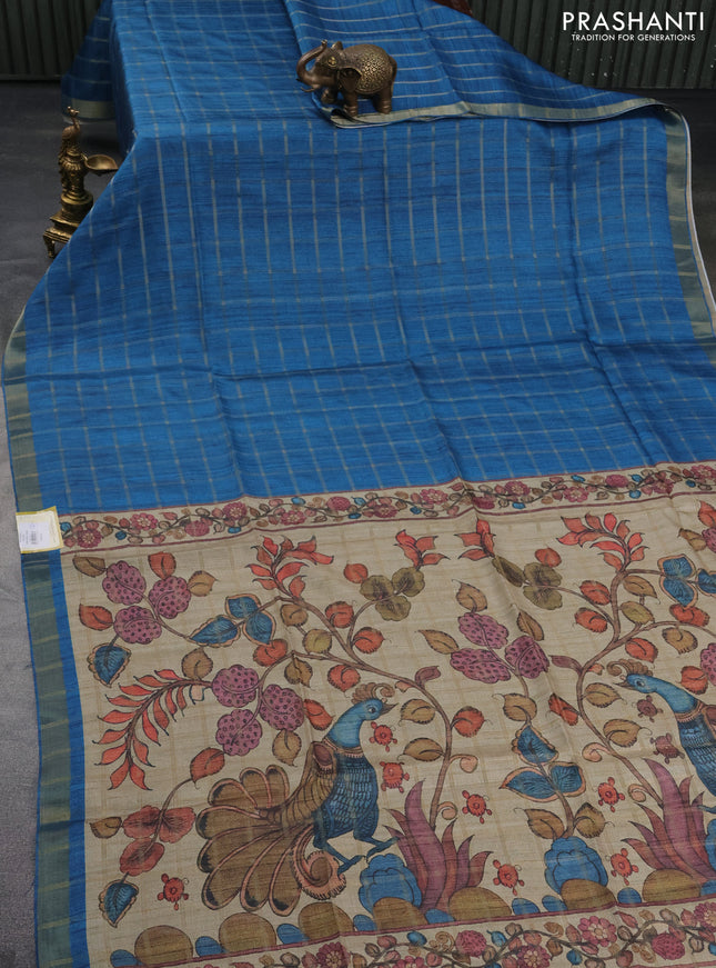 Semi tussar saree blue and beige with allover zari checked pattern and kalamkari printed pallu