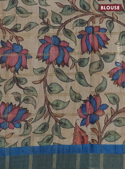 Semi tussar saree blue and beige with allover zari checked pattern and kalamkari printed pallu