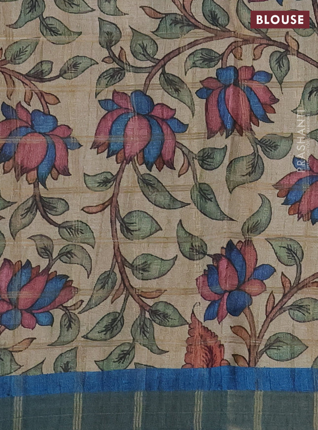 Semi tussar saree blue and beige with allover zari checked pattern and kalamkari printed pallu