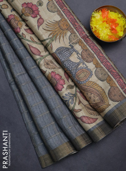 Semi tussar saree grey and beige with allover zari checked pattern and kalamkari printed pallu