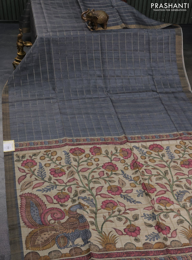 Semi tussar saree grey and beige with allover zari checked pattern and kalamkari printed pallu
