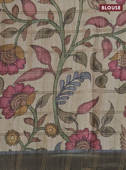 Semi tussar saree grey and beige with allover zari checked pattern and kalamkari printed pallu