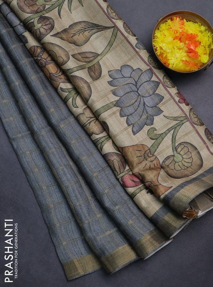 Semi tussar saree grey and beige with allover zari checked pattern and kalamkari printed pallu