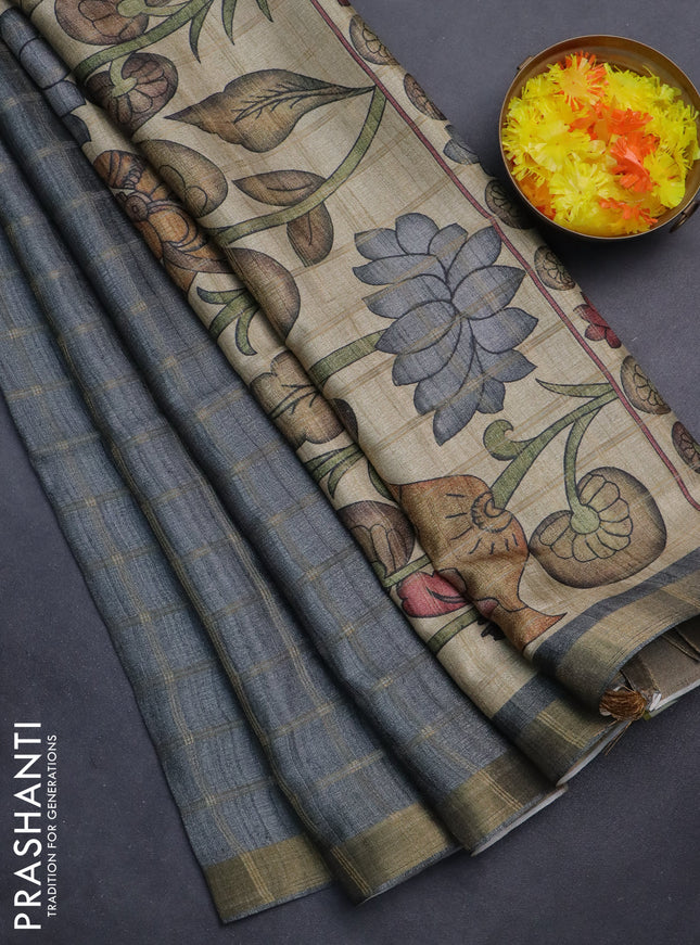 Semi tussar saree grey and beige with allover zari checked pattern and kalamkari printed pallu
