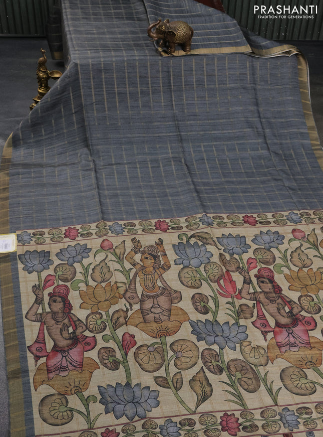 Semi tussar saree grey and beige with allover zari checked pattern and kalamkari printed pallu