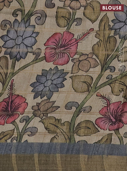 Semi tussar saree grey and beige with allover zari checked pattern and kalamkari printed pallu