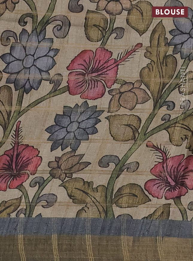 Semi tussar saree grey and beige with allover zari checked pattern and kalamkari printed pallu