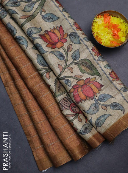 Semi tussar saree brown and beige with allover zari checked pattern and kalamkari printed pallu