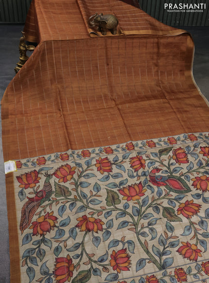 Semi tussar saree brown and beige with allover zari checked pattern and kalamkari printed pallu