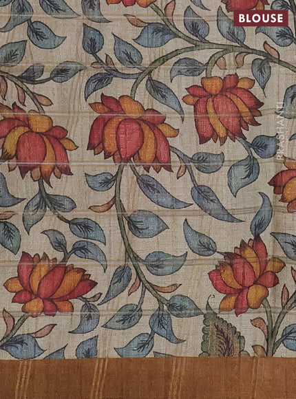 Semi tussar saree brown and beige with allover zari checked pattern and kalamkari printed pallu