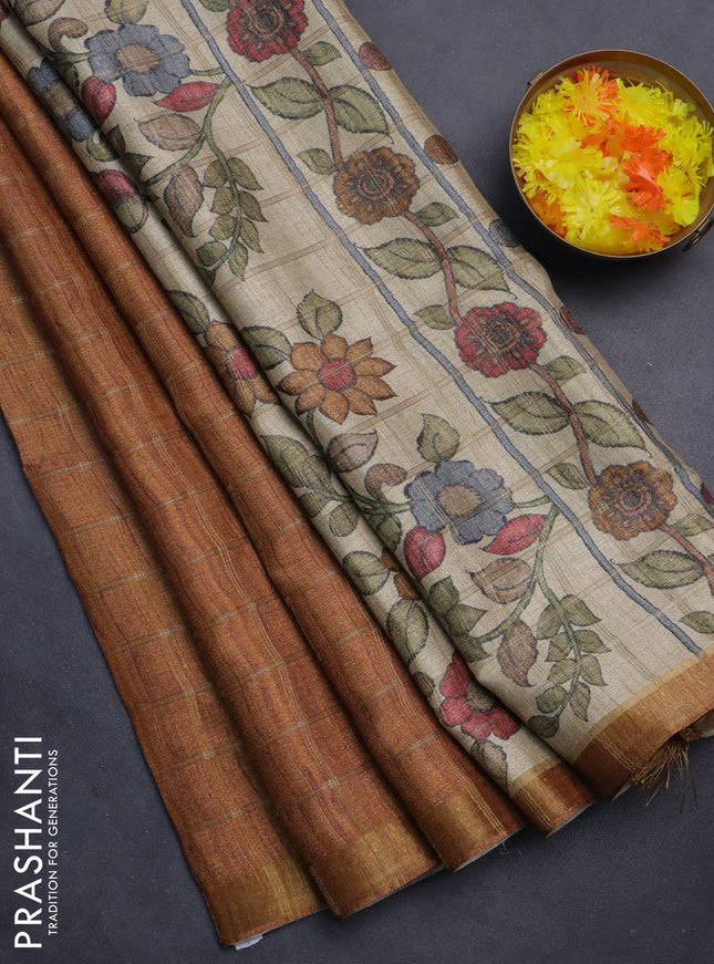 Semi tussar saree brown and beige with allover zari checked pattern and kalamkari printed pallu