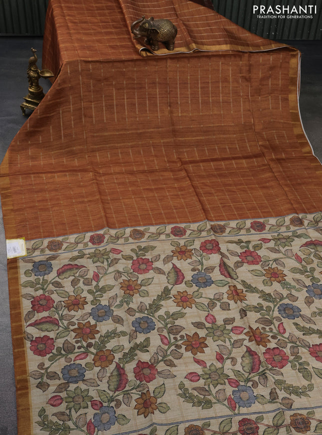 Semi tussar saree brown and beige with allover zari checked pattern and kalamkari printed pallu