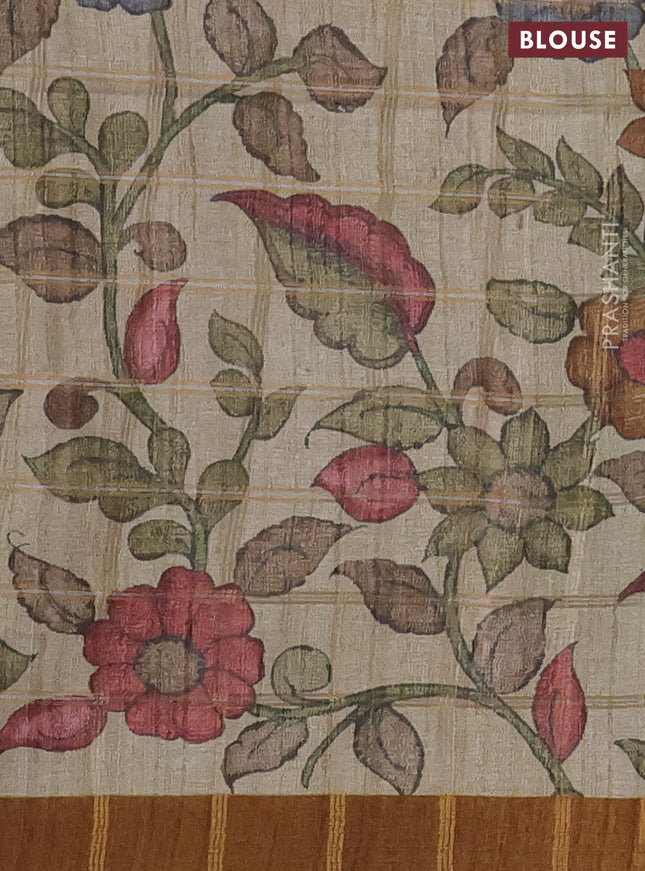 Semi tussar saree brown and beige with allover zari checked pattern and kalamkari printed pallu