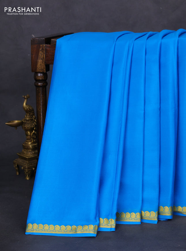 Pure mysore silk saree cs blue with plain body and zari woven border
