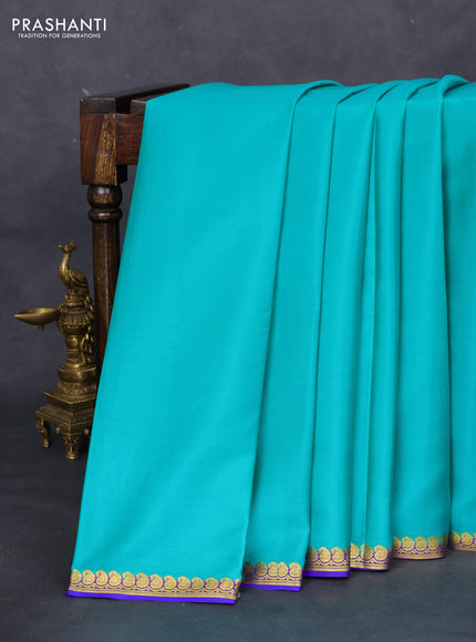 Pure mysore silk saree teal green and blue with plain body and zari woven border
