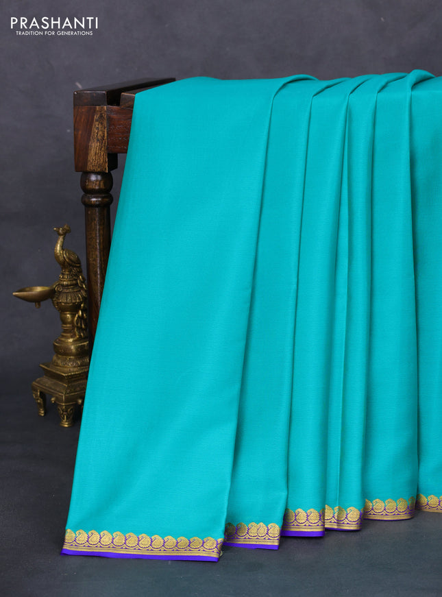 Pure mysore silk saree teal green and blue with plain body and zari woven border