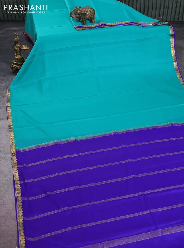 Pure mysore silk saree teal green and blue with plain body and zari woven border