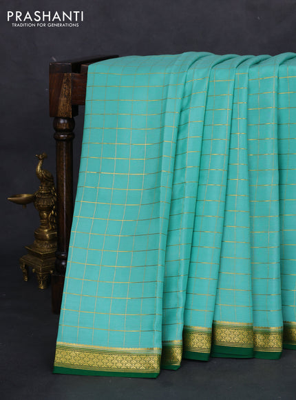 Pure mysore silk saree teal blue and green with allover zari checked pattern and zari woven border