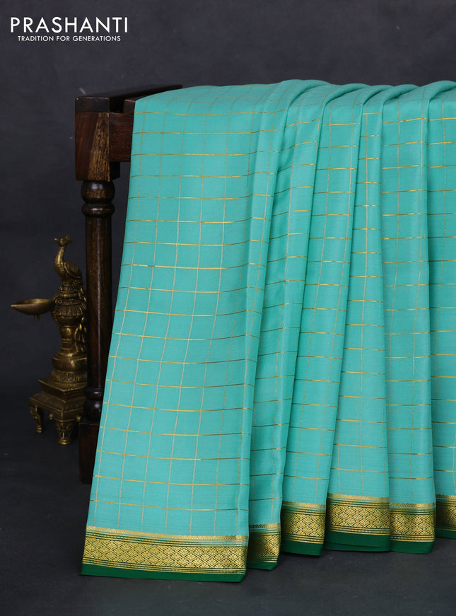 Pure mysore silk saree teal blue and green with allover zari checked pattern and zari woven border