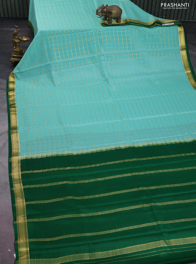 Pure mysore silk saree teal blue and green with allover zari checked pattern and zari woven border