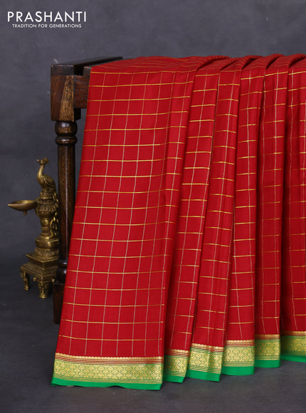 Pure mysore silk saree maroon and green with allover zari checked pattern and zari woven border