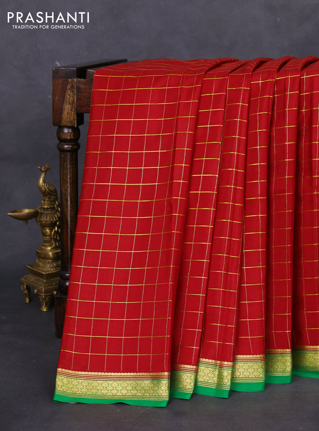 Pure mysore silk saree maroon and green with allover zari checked pattern and zari woven border