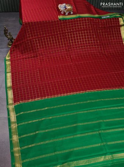Pure mysore silk saree maroon and green with allover zari checked pattern and zari woven border
