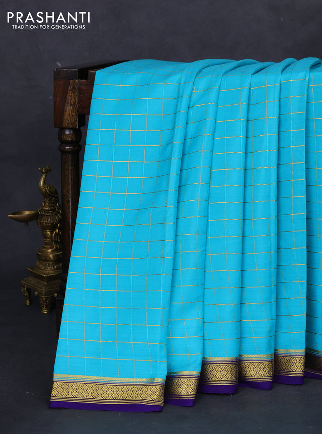 Pure mysore silk saree light blue and blue with allover zari checked pattern and zari woven border
