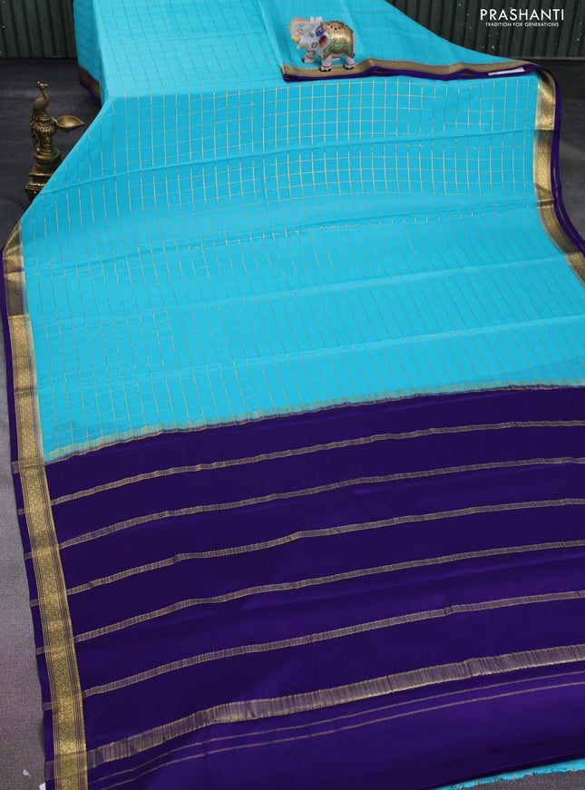 Pure mysore silk saree light blue and blue with allover zari checked pattern and zari woven border